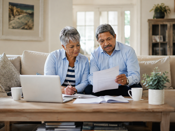 A couple in their sixties sitting together at home